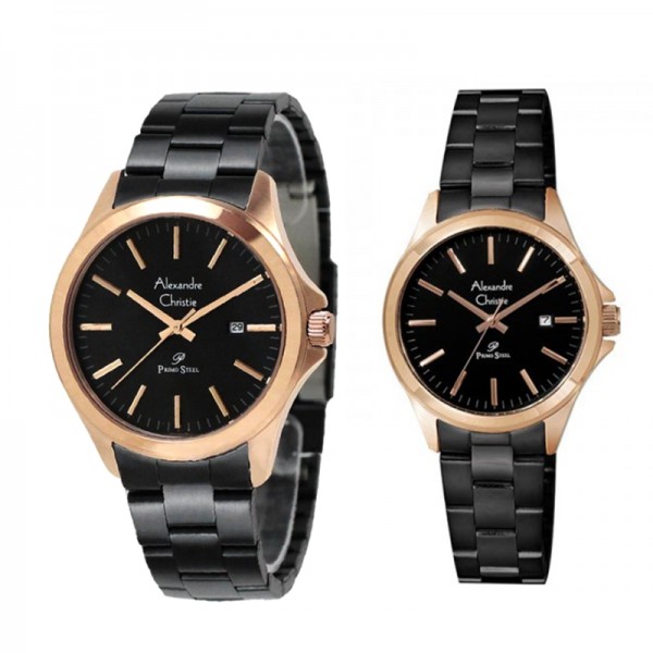 Alexandre Christie AC 1026 Rosegold Black Steel Couple